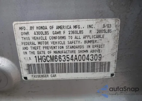 2004 Honda Accord 3.0 Lx from USA, damaged, VIN 1HGCM66354A004309